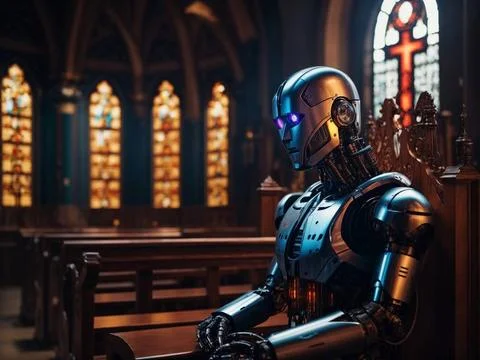   Roboter in einer Kirche als Symbol für Künstliche Intelligenz in Religio. Stock-Fotos