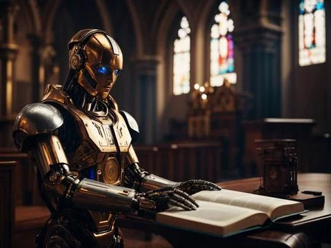   Roboter in einer Kirche als Symbol für Künstliche Intelligenz in Religio. Stock-Fotos
