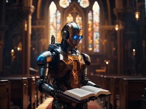   Roboter in einer Kirche als Symbol für Künstliche Intelligenz in Religio. Stock-Fotos