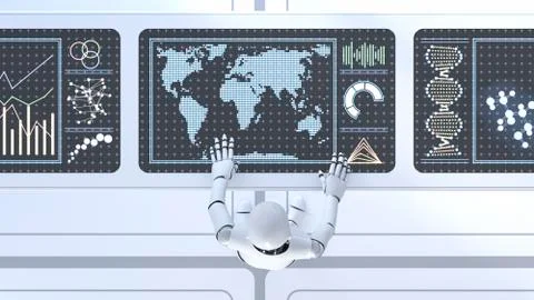Roboter working on working desk, screens, 3D Rendering Stock Illustration