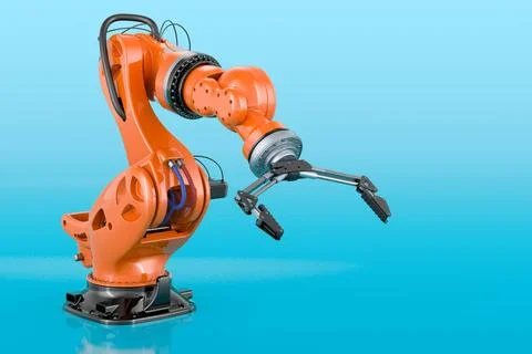 Roboterarm, 3D-Rendering auf blauem Hintergrund Robotic Arm, 3D rendering ... Stock Photos