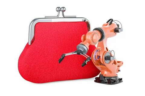 Roboterarm mit Münzgeldbörse, 3D-Rendering Robotic arm with coin purse, 3D. Stock Photos