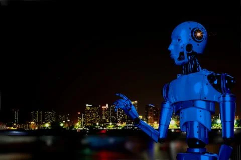 Robotic 3d render on night city scape copy space,technology concept Fotos de archivo