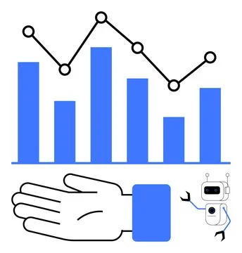 Robotic Analysis and Data Visualization Hand, Bar Chart, and Line Graph Stock Illustration