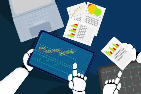 Robotic and ai technology support business finance and stock analysis Illustrazione stock