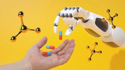 Robotic and human hands reaching for pills, floating molecules, yellow backgroun Stock Illustration