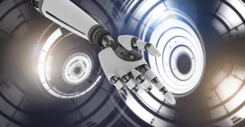 Robotic android hand and Glowing circle technology interface Stock Illustration