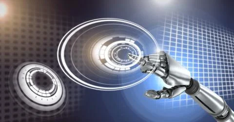 Robotic android hand and Glowing circle technology interface Stock Illustration