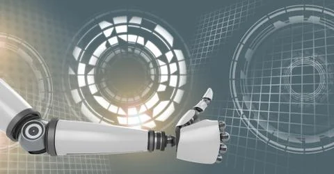 Robotic android hand and Glowing circle technology interface Stock Illustration