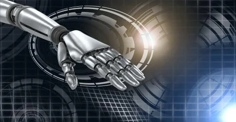 Robotic android hand and Glowing circle technology interface Stock Illustration