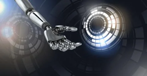 Robotic android hand and Glowing circle technology interface Stock Illustration
