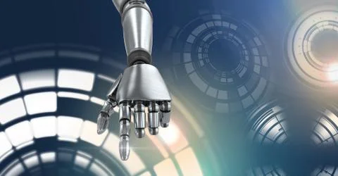 Robotic android hand and Glowing circle technology interface Stock Illustration