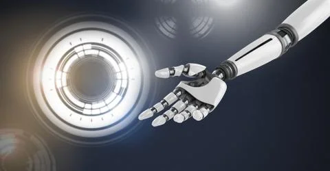 Robotic android hand and Glowing circle technology interface Stock Illustration