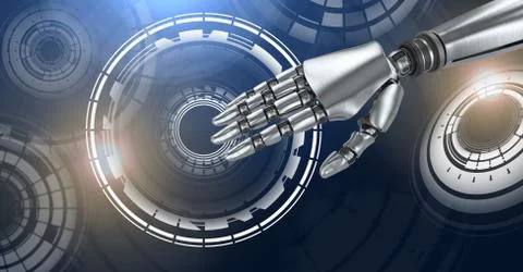 Robotic android hand and Glowing circle technology interface Stock Illustration