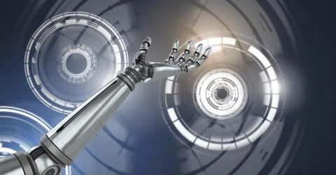 Robotic android hand and Glowing circle technology interface Stock Illustration