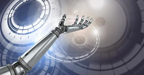Robotic android hand and Glowing circle technology interface Stock Illustration