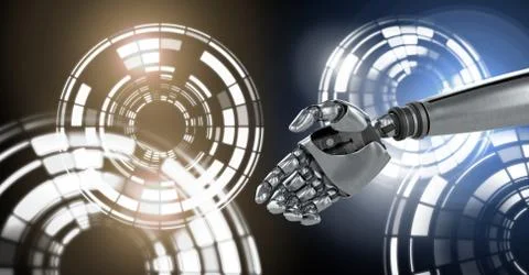 Robotic android hand and Glowing circle technology interface Stock Illustration