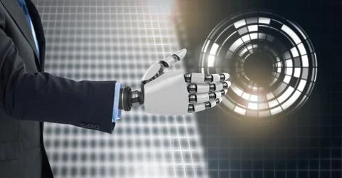 Robotic android hand and Glowing circle technology interface Stock Photos