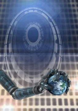 Robotic android hand and holding world earth Glowing circle technology interface Stock Illustration