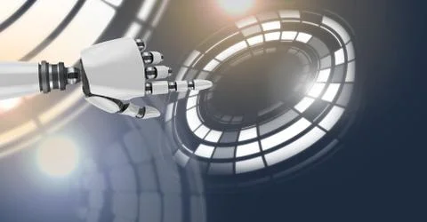 Robotic android hand and touching circle interface Stock Illustration