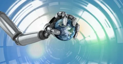 Robotic android hand holding earth and Glowing circle technology interface Stock Illustration