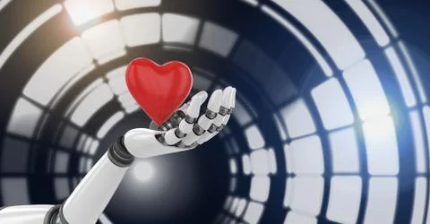 Robotic android hand holding heart and Glowing circle technology interface Stock Illustration