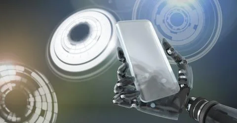 Robotic android hand holding phone and Glowing circle technology interface Stock Illustration