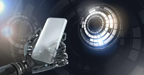 Robotic android hand holding phone and Glowing circle technology interface Stock Illustration