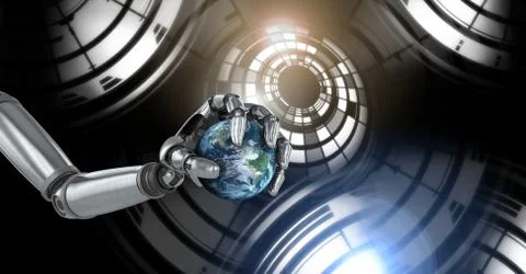 Robotic android hand holding world earth and Glowing circle technology interface Stock Illustration