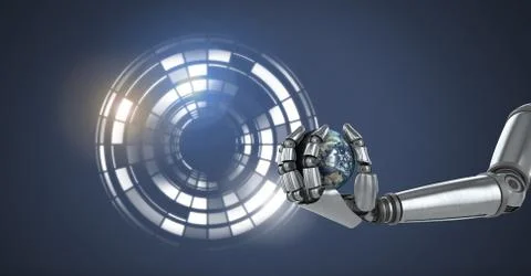 Robotic android hand holding world earth and Glowing circle technology interface Stock Illustration