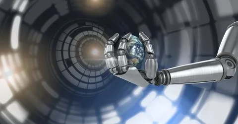 Robotic android hand holding world earth and Glowing circle technology interface Stock Illustration