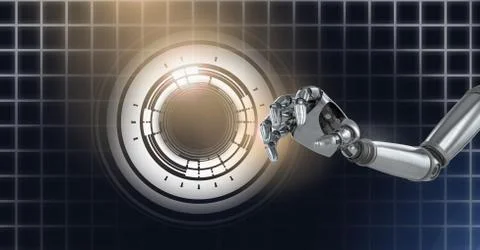 Robotic android hand holding world earth Glowing circle technology interface Stock Illustration