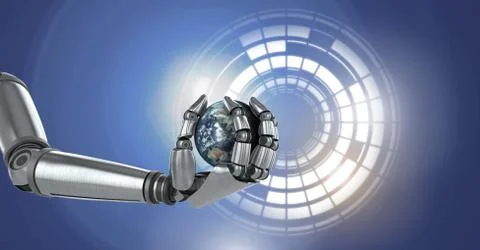 Robotic android hand holding world earth and Glowing circle technology interface Stock Illustration