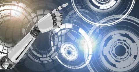 Robotic android hand pointing and Glowing circle technology interface Stock Illustration