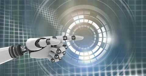 Robotic android hand pointing and Glowing circle technology interface Stock Illustration
