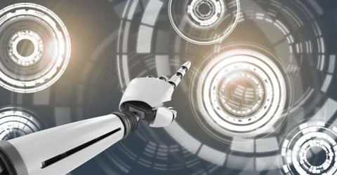 Robotic android hand pointing and Glowing circle technology interface Stock Illustration