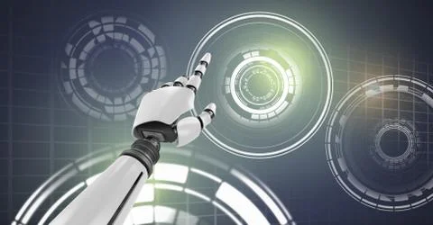 Robotic android hand pointing and Glowing circle technology interface Stock Illustration