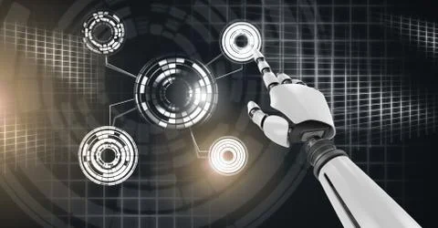 Robotic android hand touching and Glowing circle technology interface Stock Illustration