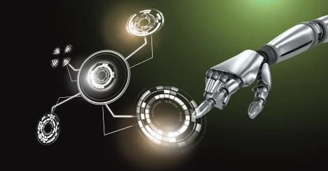 Robotic android hand touching and Glowing circle technology interface Stock Illustration