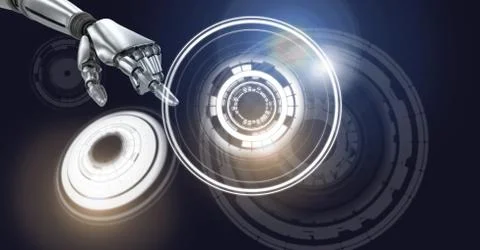 Robotic android hand touching and Glowing circle technology interface Stock Illustration