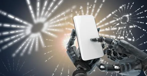 Robotic android hand using phone device and Glowing Firework circle shapes イラスト素材