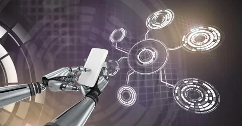 Robotic android hand using phone device and Glowing circle technology interface Illustrazione stock