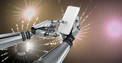 Robotic android hand using phone device and Glowing Firework circle shapes 스톡 일러스트