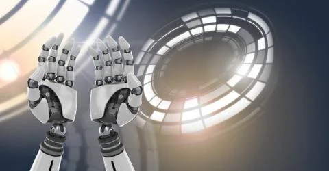 Robotic android hands and Glowing circle technology interface Stock Illustration