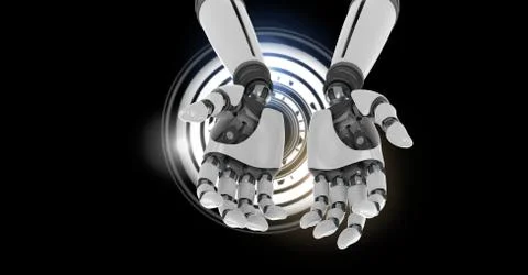 Robotic android hands and Glowing circle technology interface Stock Illustration