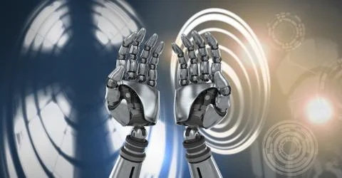 Robotic android hands and Glowing circle technology interface Stock Illustration
