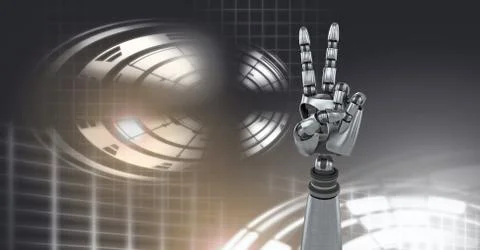 Robotic android peace hand and Glowing circle technology interface Stock Illustration