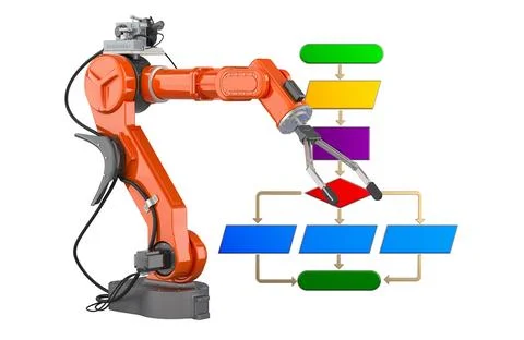 Robotic arm with algorithm. Artificial Intelligence Algorithm, concept. 3D .. Stock Illustration
