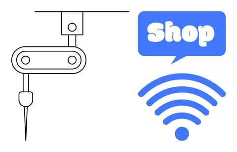 Robotic Arm and Electronic Commerce Concept with Shop Symbol and wireless Ico Ilustración de archivo