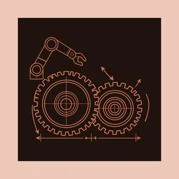Robotic Arm and Gear Engineering Diagram Illustrazione stock